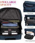 Interior view of Carry On Travel Backpack For Men And Women Airline Approved Convertible Nylon Duffle Style Luggage Bag With Multiple Pockets Eco Friendly Recycled Nylon Durable For Weekend Getaways And Business Trips Blue showing large compartments, flap and front pockets with items inside.