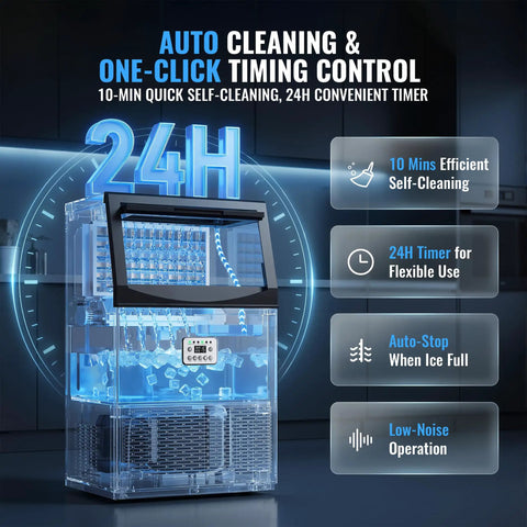 Heavy Duty Commercial Ice Maker Churning Out 110 Pounds Of Frosty Cubes Every 24 Hours With A Roomy 33 Pound Holder And No Sweat Self Cleaning Setup, showcasing auto cleaning and timer features.
