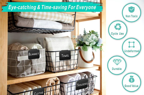 Storage shelves with labeled baskets using Ultimate 81 Piece Basket Label Kit With Clip On Labels 30 Erasable Pantry Labels 48 Removable.