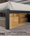 Rock Solid Queen Size Metal Bed Frame With Integrated Headboard And Reinforced Steel Slats showing 10.2 inch under-bed storage space.