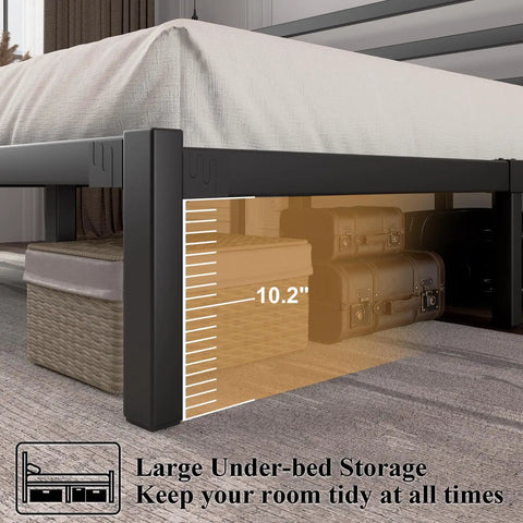 Rock Solid Queen Size Metal Bed Frame With Integrated Headboard And Reinforced Steel Slats showing 10.2 inch under-bed storage space.