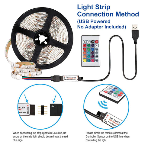 10 Foot RGB LED Strip Lights With USB TV Backlight, IP65 Waterproof, Remote, 16 Color Options, 180 5050 LEDs, USB connection.
