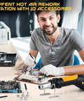 Man using Heat Gun 700W Mini Hot Air Rework Tool With LED Display on electronics at workstation