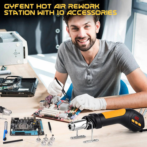 Man using Heat Gun 700W Mini Hot Air Rework Tool With LED Display on electronics at workstation