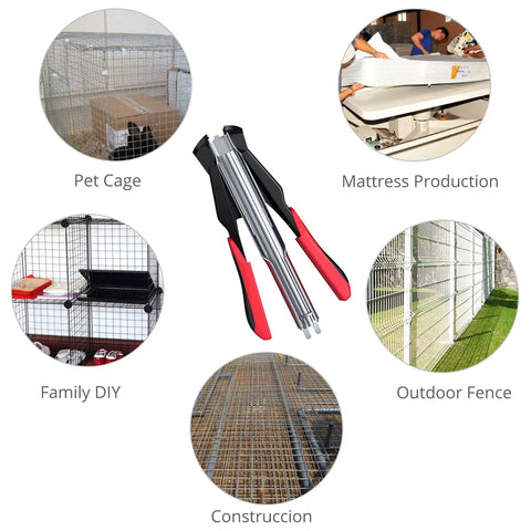 Manual Hog Ring Plier Kit 2500 Galvanized Steel Hog Rings with Easy Grip Handles surrounded by various use cases including fence and DIY.