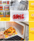 52 Piece Airtight BPA Free Food Storage Containers With Lids Set For Kitchen Organization shown in fridge, microwave, freezer, and dishwasher