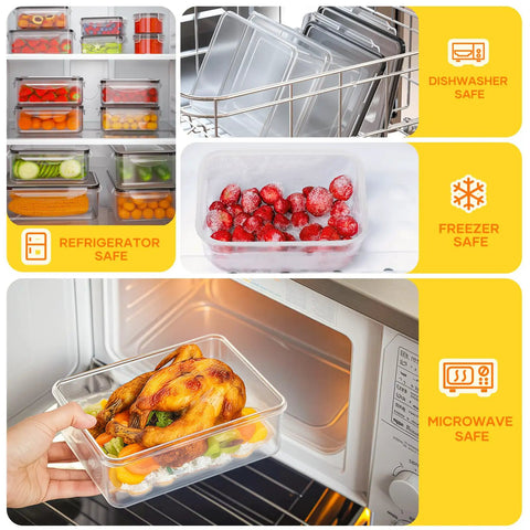 52 Piece Airtight BPA Free Food Storage Containers With Lids Set For Kitchen Organization shown in fridge, microwave, freezer, and dishwasher