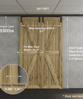 Ceiling Mount Box Rail Barn Door Hardware Kit For Double Doors installed, showing dimensions and fit for 57-inch opening