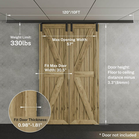 Ceiling Mount Box Rail Barn Door Hardware Kit For Double Doors installed, showing dimensions and fit for 57-inch opening