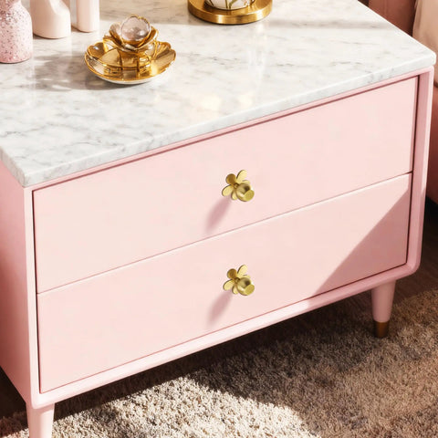 Pink dresser with 4-Pack Solid Brass Gold Cabinet Knobs With Flower Backplate, Modern Dresser Handles For Kitchen Brushed Brass Pulls.