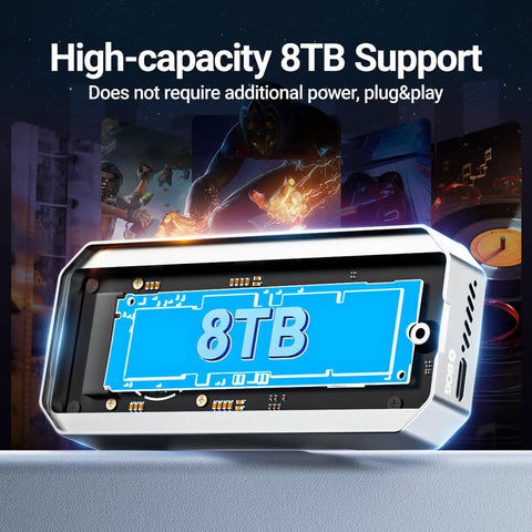 Blazing Fast 80Gbps M.2 2280 NVMe Enclosure With Dope Turbo Cooling Fan displaying 8TB capacity and no power requirement.