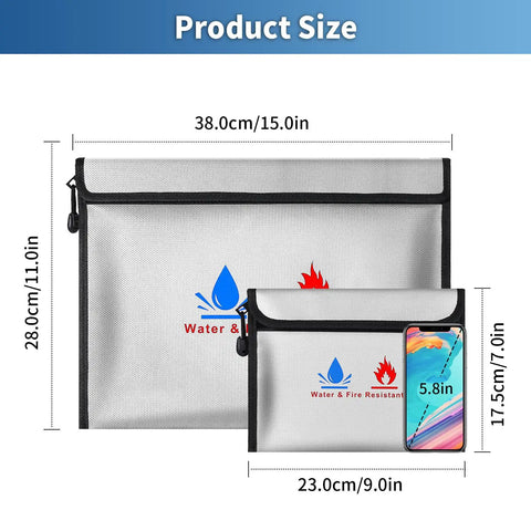 Heavy Duty Fireproof Document Pouches Set With Silicone Coated Exterior And Aluminum Foil Lining, Two Tough Sizes 15x11 And 9x7 Inches, Waterproof IP56, Keeps Your Cash, Passports, And Paperwork Safe From Heat And Water displayed with phone for size comparison