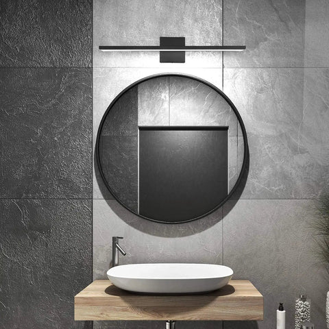 Black 24 Inch Vanity Light Fixtures With Sleek Modern LED Vanity Lighting For Over Mirror Wall Sconce Direct Wire 24W 6000K Cool White Bathroom Lighting For Bathrooms And Powder Rooms above round mirror