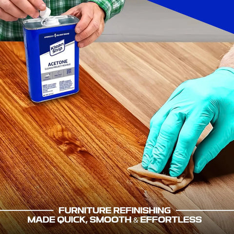Industrial-Grade Acetone Solvent for Cleaning, Stripping and Thinning, worker applying solvent on wood with gloves