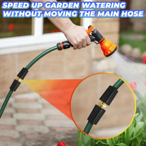 Person using a garden hose with an orange nozzle and a quick connect adapter to water plants, close-up of connector detail.