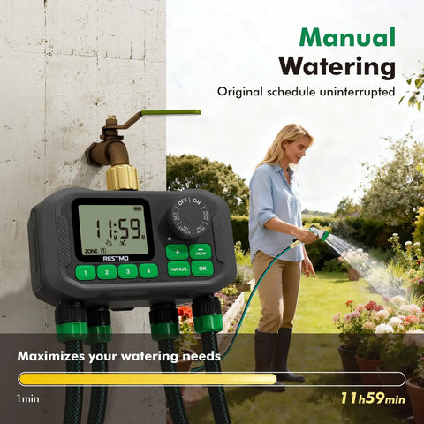 Four Zone Outdoor Sprinkler Timer With Brass Inlet And Large Dial near garden hose, woman watering plants