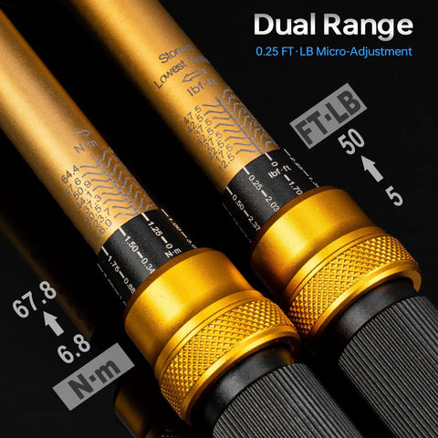 Dual range torque wrench close-up showing ft-lb and N-m scales, gold body, for Beefy Pro Grade Magnetic Spark Plug Socket Kit With Three Eighth Inch Drive Torque Wrench Includes 14mm, 16mm, 18mm Sockets And Nine Sixteenth, Five Eighth, Three Fourth, Thirteen Sixteenth Inch Sockets, Swivel Joint, Five To Fifty Foot Pound Torque.