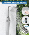 Wall Mount Outdoor Shower Kit With Chrome Rainfall Head And Handheld Spray, Double Cross Handles, Exposed Dual Function Faucet
