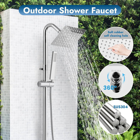 Wall Mount Outdoor Shower Kit With Chrome Rainfall Head And Handheld Spray, Double Cross Handles, Exposed Dual Function Faucet
