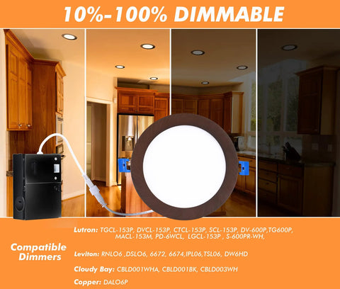 Six Inch LED Recessed Light Canless Wafer Downlight 15W Dimmable With Three Color Temperature 3000K 4000K 5000K CRI 90 IC Rated shown in kitchen