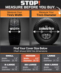 Chart showing tire width and diameter measurement for selecting cover size, including small to XXX-large for various tire dimensions.