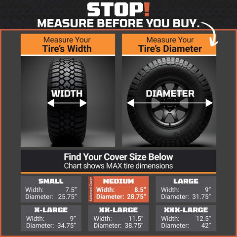 Chart showing tire width and diameter measurement for selecting cover size, including small to XXX-large for various tire dimensions.