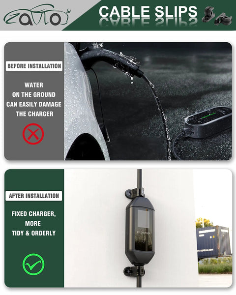 Slick Heavy Duty Wall Mount EV Charger Holder For Portable Type 1 Plug In Cables Rugged Polymer Clamp Waterproof, installed on wall.