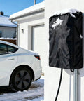 Rock Solid Waterproof EV Charger Cover Made From Heavy Duty Oxford Fabric Weather Resistant Dust Proof Guard For Hardwired Units near a white car in snow.
