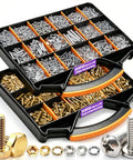 Nuts And Bolts Fastener Kit With Dual Storage Boxes 3334 Piece Assortment Including 1920 Stainless Steel Phillips Pan Head Screws And 1414 Grade 8.8 Hex Bolts For Pro Grade Jobs Covers Metric M3 To M8 And SAE Threads Like 6 32 8 32 10 24 1 Quarter Inch; open storage boxes with assorted screws, bolts, nuts and washers