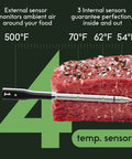 Sense Smart Wireless Meat Thermometer With Ultra Thin Probe And Unlimited Bluetooth Range shown in beef with temperature sensors