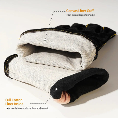 Heavy Duty Welding Gloves For MIG And Forge Work, Thick Cowhide Leather With Reinforced Palm And Kevlar Stitching, open view showing liners