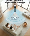 40 Inch Tower Portable Evaporative Cooler with Remote For Indoor Use showing 120 degree oscillation in a living room setting