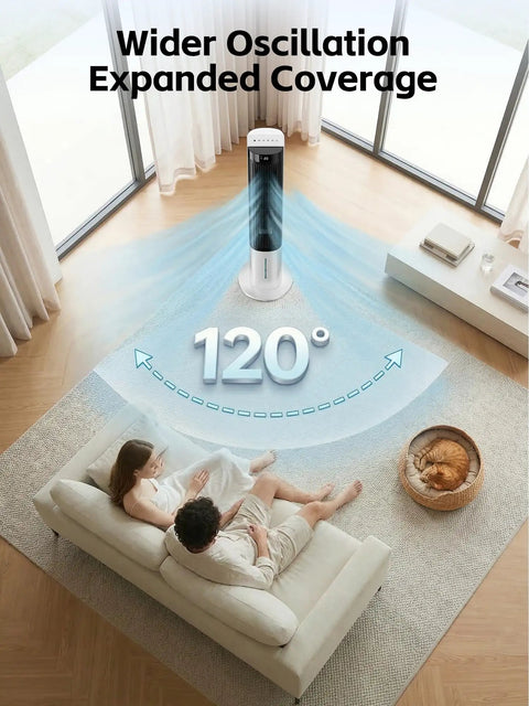 40 Inch Tower Portable Evaporative Cooler with Remote For Indoor Use showing 120 degree oscillation in a living room setting