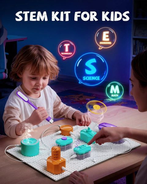Child using Hands On Electric Circuit Kit With Over 450 DIY Projects And 45 Parts For Kids Ages 4 To 12 A Super Cool STEM Toy Set