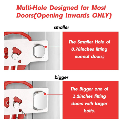 Portable Door Lock Set For Extra Privacy And Security showing multi-hole design for inward doors with size options 0.78in and 1.2in