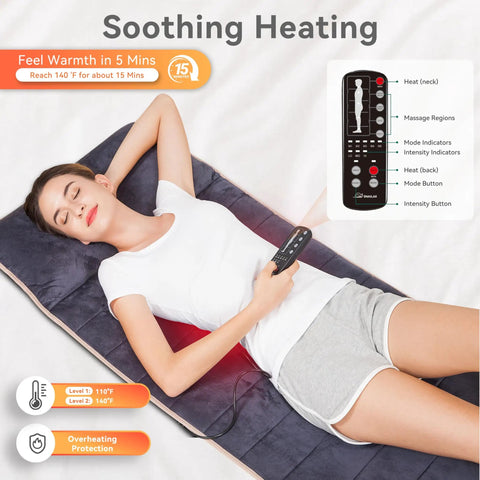 Woman using Full Body Massage Mat With Heat And 10 Vibrating Motors Memory Foam Pad for Back Pain Relief, remote in hand