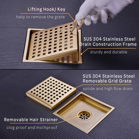 Six Inch Stainless Steel Square Shower Floor Drain With Threaded Adapter And Removable Cover Grid In Brushed Gold Finish