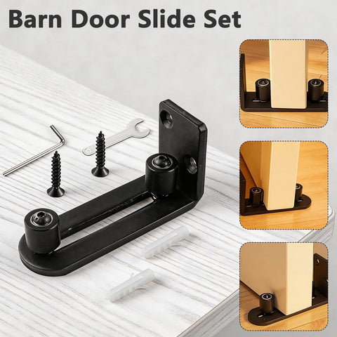 Four Pack Black Sliding Barn Door Floor Guides Flush Wall Mount Bottom Adjustable Rollers displayed on wooden surface