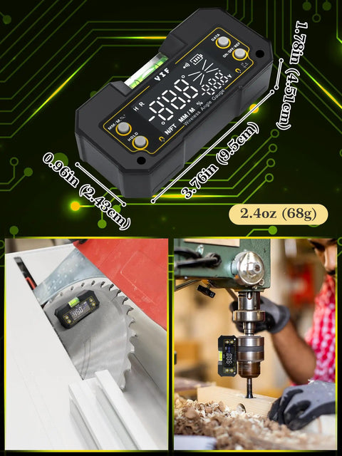 No Fuss Wireless Digital Angle Finder Tool With Dual Axis Alignment and Spot On Accuracy featuring a Heavy Duty Magnetic Base for Quick Slope Percentage Readings on Woodworking Jobs, shown with digital display and magnet.