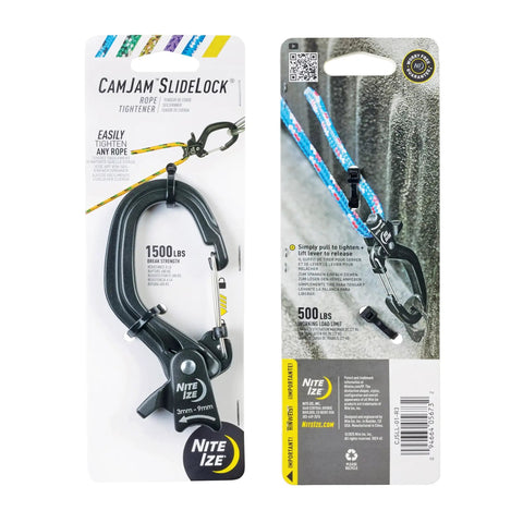 CamJam SlideLock Rope Tightener With Quick Release Lever 1500 lb break strength on retail packaging