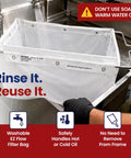 Heavy Duty Hand Cranked Deep Fryer Oil Filter Machine For 75 Pound Capacity Smooth Grease Strainer Trolley Cart, washable EZ flow filter bag in use.