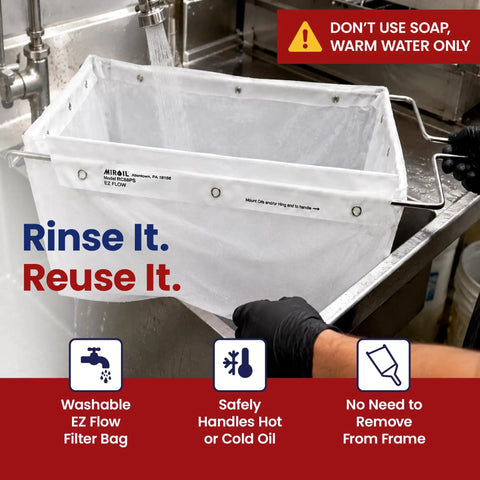 Heavy Duty Hand Cranked Deep Fryer Oil Filter Machine For 75 Pound Capacity Smooth Grease Strainer Trolley Cart, washable EZ flow filter bag in use.
