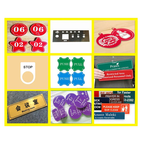 Collage of engraved signs and badges showcasing Double Color ABS Engraving Sheets Light Green And White 7 By 11 By 0.040 Inches Pack Of 12