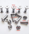 Ten Pack Knife Handle Fasteners And Rivets For EDC Pocket Knives, Stainless steel bracket bolts, tactical lock shaft rivets, shown with sizes