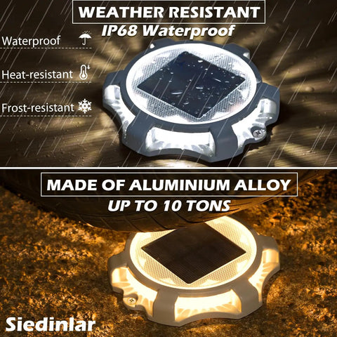 Outdoor Solar Deck Lights 8 Pack With 12 LEDs Per Light, waterproof and durable under car tire, weather-resistant feature.
