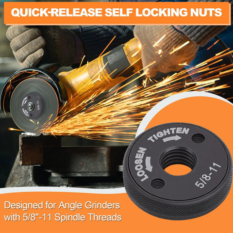 Using Grab-And-Go 5/8-11 Quick Release Angle Grinder Nuts with sparks flying, metal knurled arbor lock nut, 4.5 & 5 inch grinders