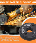 Quick Change Angle Grinder Nuts Five Eight Eleven Thread Spindle Lock Self Locking Two Pack shown with angle grinder cutting metal.