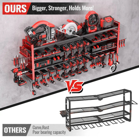 49.8 Inch Wall Mount Power Tool Organizer With Four Shelves And 18 Cordless Drill Holders contrasted with competing product