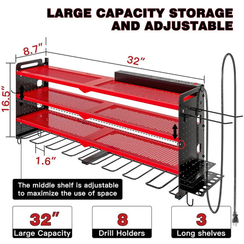 Wall Mounted Power Tool Organizer With Charging Station And 8 Drill Holders Four Layer Garage Storage Rack diagram