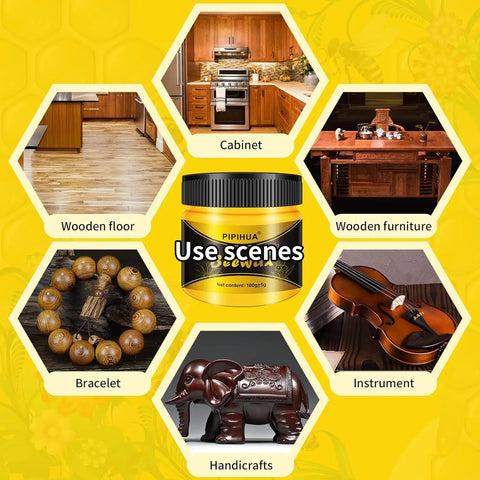 Beeswax Wood Polish And Conditioner Kit For All Finishes With Waterproof Restorer Multipurpose Wood Wax Cleaner For Furniture Natural Beeswax Formula Silicone Free And Non Toxic 2x100g With 4 Sponges Perfect For That Boss Shine shown with wooden items